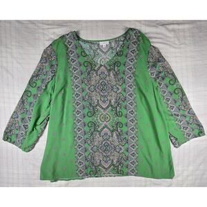 J Jill Placed Paisley Top Garden Green Tunic Blouse 3/4 Sleeve Gypsy Boho 2X